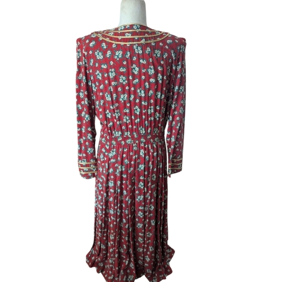 Vtg Plaza South Button Down Milkmaid Prairie Red Ditsy Floral Gold Trim Dress L - Picture 3 of 13